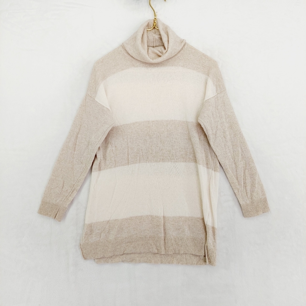 Benedetta B Striped Knit Long Turtleneck Cream /white Merino Wool Sweater P3315